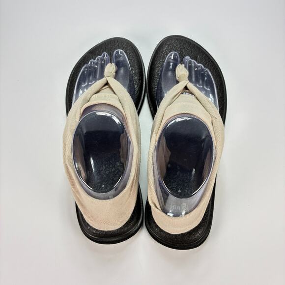 Sanuk Yoga Sling 2 Beige Black Slingback Sandals Flip Flops SWS10001 Womens Sz 9 - Picture 3 of 7